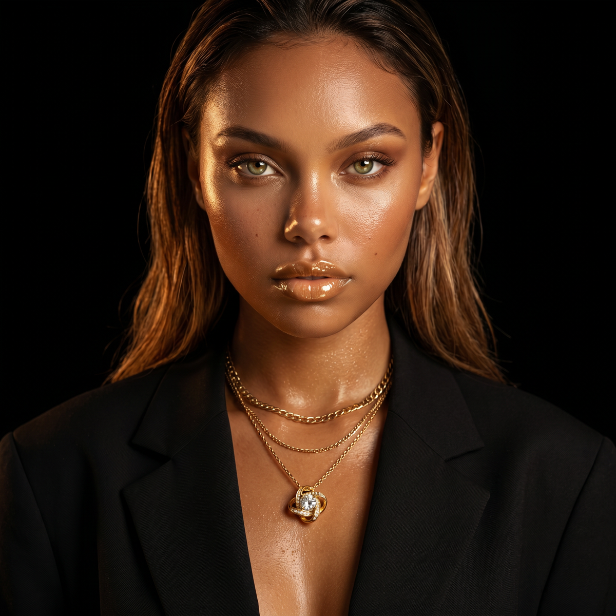 Solara Lux Sun Drop pendant in layered necklace styling